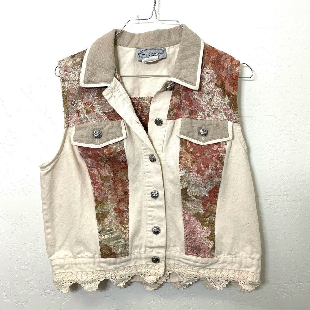 Vintage 90’s Cream Denim and Floral Print Tapestry Vest With Crochet Hem